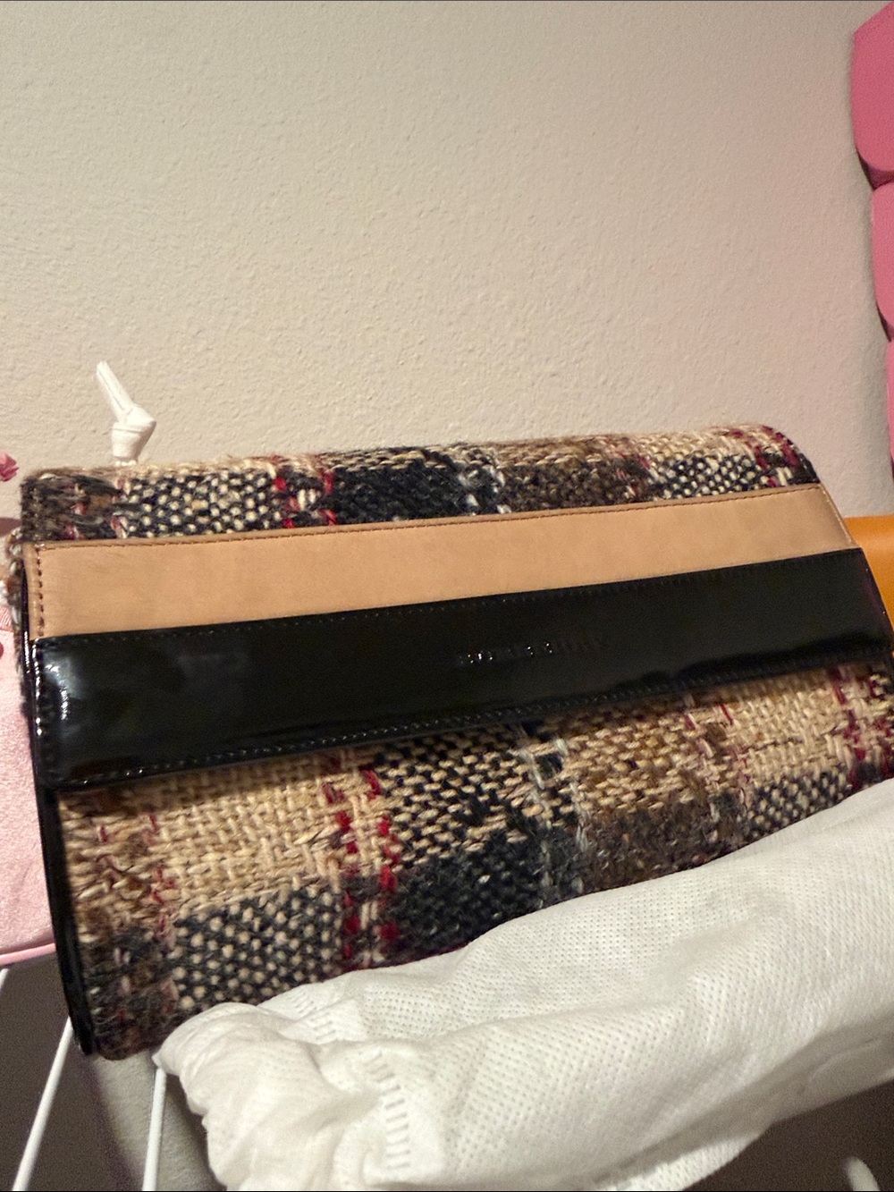 Burberry Tweed Fold-Over Clutch with Black & Tan Trim